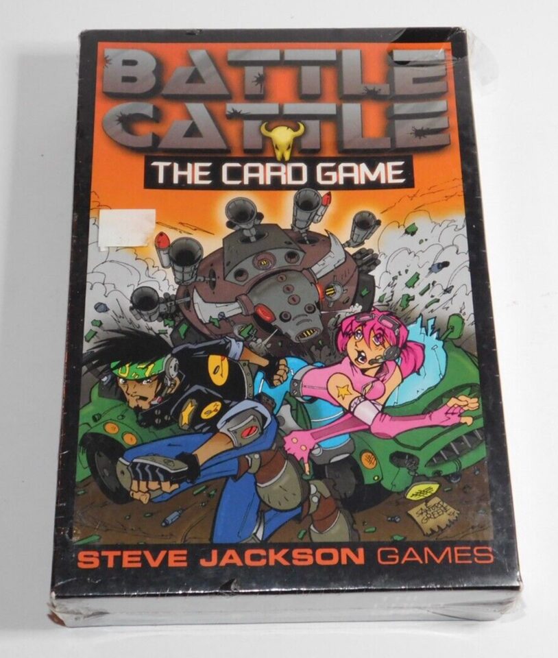 Alt text: A worn box of "Battle Cattle: The Card Game" by Steve Jackson Games, featuring colorful cartoon artwork with a male and female character and a mechanical bull in the background.