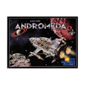 Box cover art for the board game "Andromeda" by Alan R. Moon, featuring a detailed illustration of a spaceship with a transparent dome revealing people inside, flying near a ringed planet and asteroid with the Rio Grande Games logo in the bottom right corner.