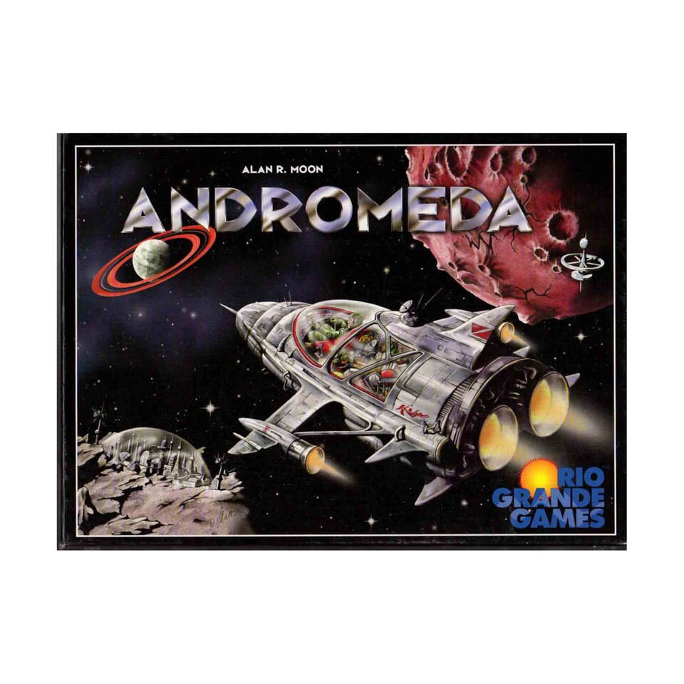 Box cover art for the board game "Andromeda" by Alan R. Moon, featuring a detailed illustration of a spaceship with a transparent dome revealing people inside, flying near a ringed planet and asteroid with the Rio Grande Games logo in the bottom right corner.