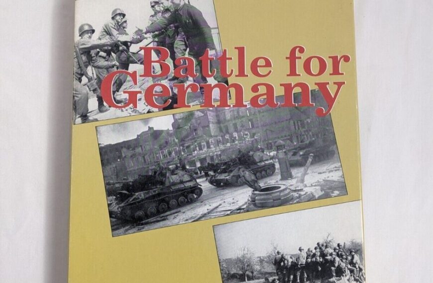 A book cover titled "Battle for Germany" with black and white historical war images showing soldiers and tanks.