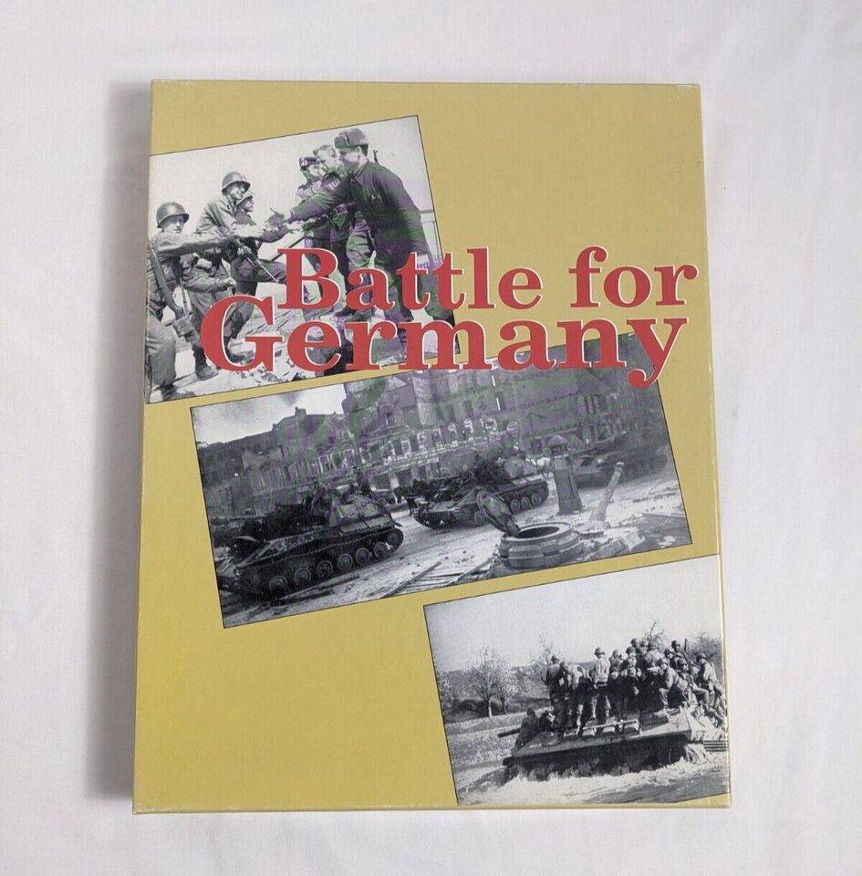 A book cover titled "Battle for Germany" with black and white historical war images showing soldiers and tanks.