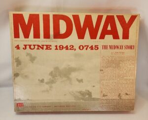 A vintage board game box titled "MIDWAY" with a subtitle "4 JUNE 1942, 0745 THE MIDWAY STORY" and text describing the historical event, published by The Avalon Hill Company, Baltimore, Maryland. The box has visible signs of wear and age discoloration.