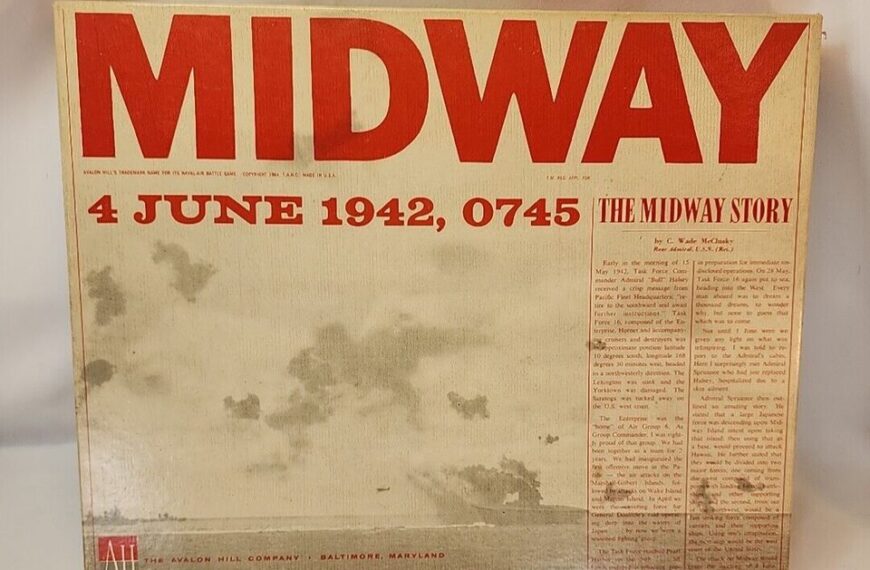 A vintage board game box titled "MIDWAY" with a subtitle "4 JUNE 1942, 0745 THE MIDWAY STORY" and text describing the historical event, published by The Avalon Hill Company, Baltimore, Maryland. The box has visible signs of wear and age discoloration.