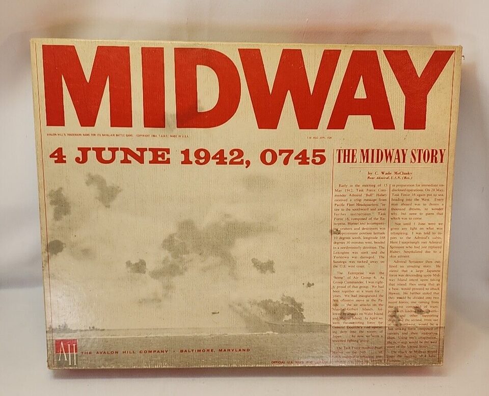 A vintage board game box titled "MIDWAY" with a subtitle "4 JUNE 1942, 0745 THE MIDWAY STORY" and text describing the historical event, published by The Avalon Hill Company, Baltimore, Maryland. The box has visible signs of wear and age discoloration.
