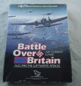 A worn board game box cover for "Battle Over Britain", an SPI brand historical simulation air combat game, depicting a scene of World War II aircraft in flight with explosions below, indicating a battle scene. The cover includes text "AUG. 1940 THE LUFTWAFFE ATTACKS" with the British flag and game logos.