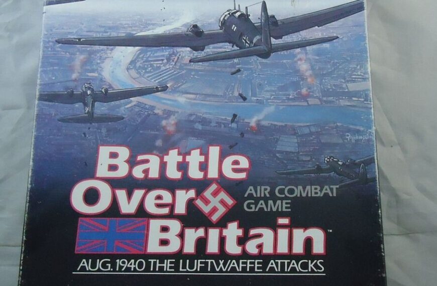 A worn board game box cover for "Battle Over Britain", an SPI brand historical simulation air combat game, depicting a scene of World War II aircraft in flight with explosions below, indicating a battle scene. The cover includes text "AUG. 1940 THE LUFTWAFFE ATTACKS" with the British flag and game logos.