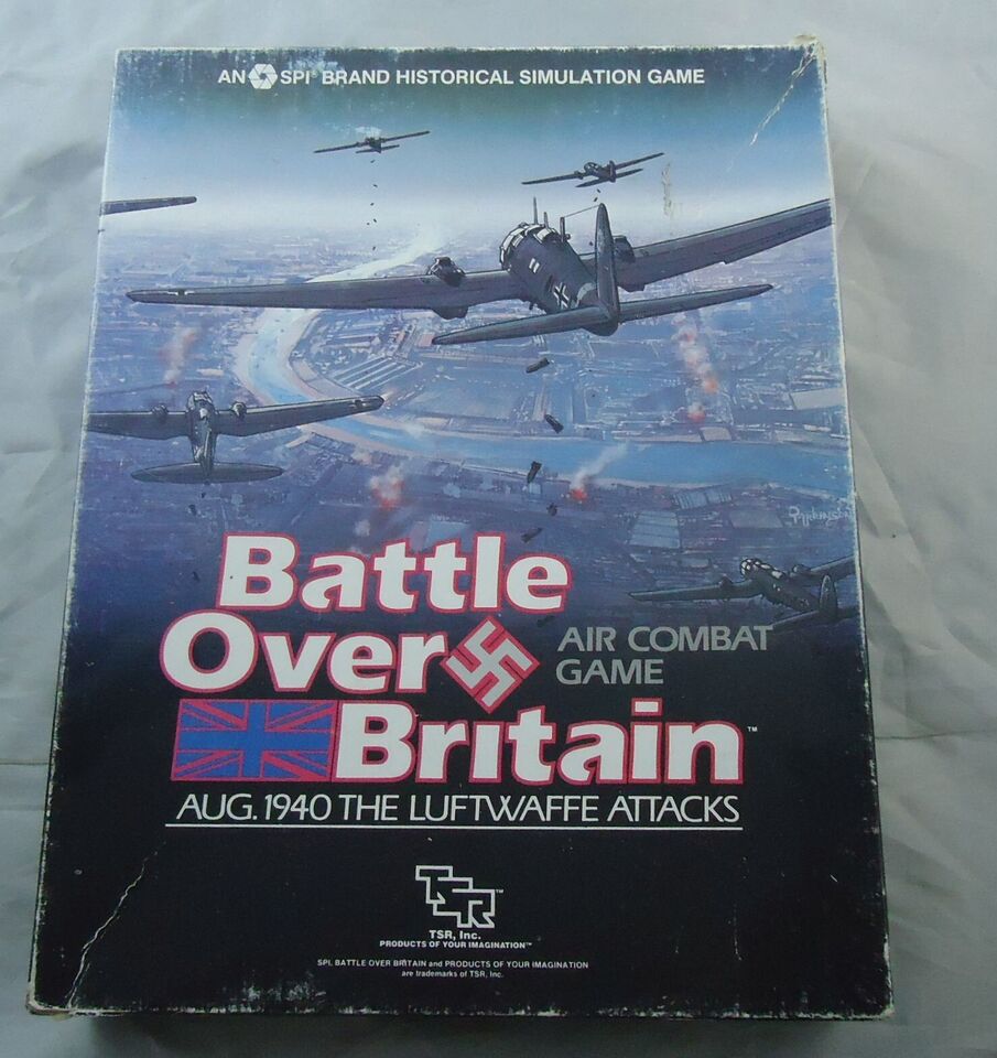 A worn board game box cover for "Battle Over Britain", an SPI brand historical simulation air combat game, depicting a scene of World War II aircraft in flight with explosions below, indicating a battle scene. The cover includes text "AUG. 1940 THE LUFTWAFFE ATTACKS" with the British flag and game logos.