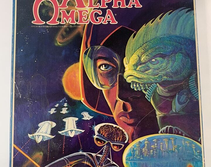 Alt text: Cover art of "Alpha Omega," featuring a collage of sci-fi illustrations including a human face, a green reptilian creature, a humanoid with a brain exposed, spaceships, and a futuristic cityscape. The title "Alpha Omega" appears at the top in stylized lettering.
