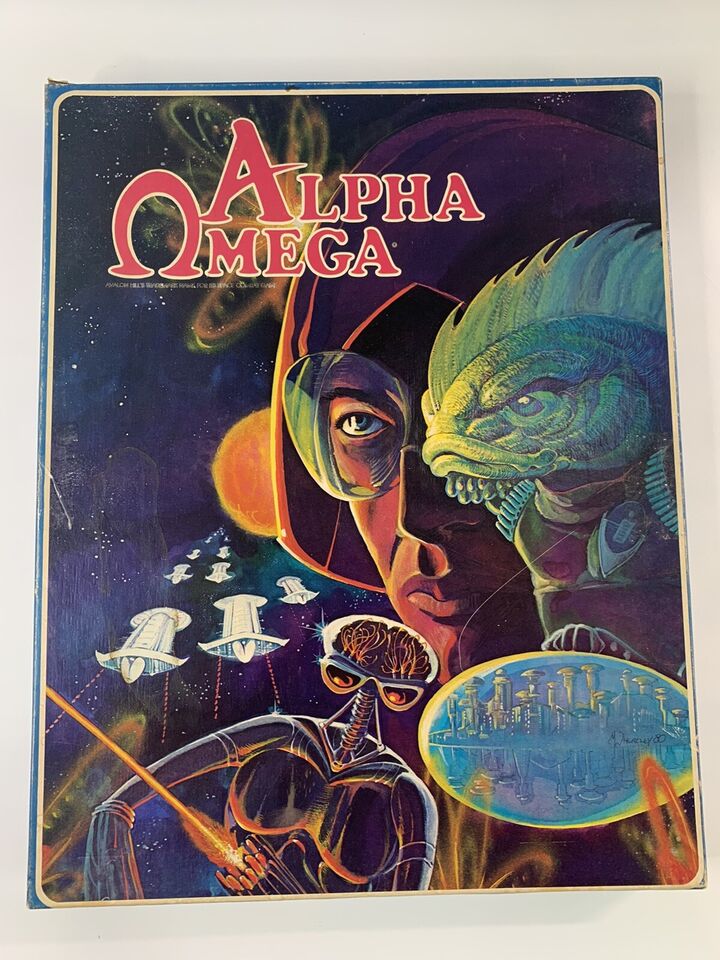 Alt text: Cover art of "Alpha Omega," featuring a collage of sci-fi illustrations including a human face, a green reptilian creature, a humanoid with a brain exposed, spaceships, and a futuristic cityscape. The title "Alpha Omega" appears at the top in stylized lettering.