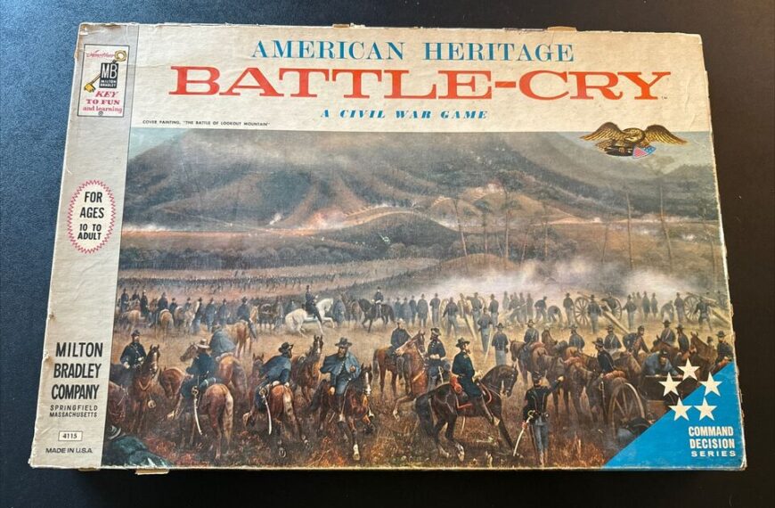 "Vintage 'American Heritage Battle-Cry' Civil War board game box by Milton Bradley Company, showing illustrated cavalry and soldiers in battle on the cover."