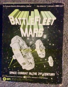 An image of the cover art for "Battlefleet Mars," a future-history simulation game, with the text "the time is: 1 January 2096 A.D." prominently displayed. The cover features stylized text and images of spacecraft against a starry background, indicating a space combat theme set in the 21st century. The company logo "SPI" is visible at the bottom, along with credit to the game's designers.