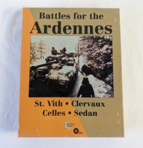 A board game cover titled "Battles for the Ardennes" featuring a historic photo of soldiers on and beside a tank in a snowy forest; locations St. Vith, Clervaux, Celles, Sedan are listed below.