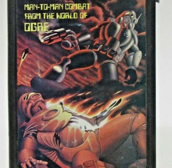 Vintage "BATTLESUIT - MAN-TO-MAN COMBAT FROM THE WORLD OF OGRE" game box by Steve Jackson Games, featuring artwork of futuristic armored soldiers in combat, with one standing and the other on the ground, illustrated by D. Martin.