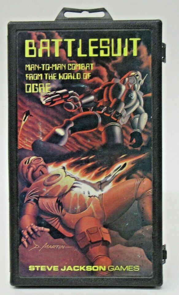 Vintage "BATTLESUIT - MAN-TO-MAN COMBAT FROM THE WORLD OF OGRE" game box by Steve Jackson Games, featuring artwork of futuristic armored soldiers in combat, with one standing and the other on the ground, illustrated by D. Martin.