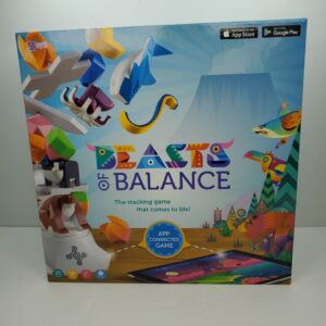 A board game box labeled "Beasts of Balance" featuring colorful, stylized animal figures and icons indicating it's an app-connected game available on the App Store and Google Play.
