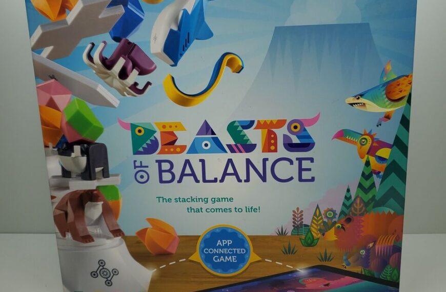 A board game box labeled "Beasts of Balance" featuring colorful, stylized animal figures and icons indicating it's an app-connected game available on the App Store and Google Play.