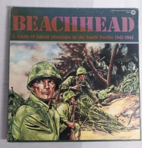 Vintage board game "BEACHHEAD: A Game of Island Invasions in the South Pacific 1942-1944" cover featuring illustrated soldiers in helmets and a tropical background.
