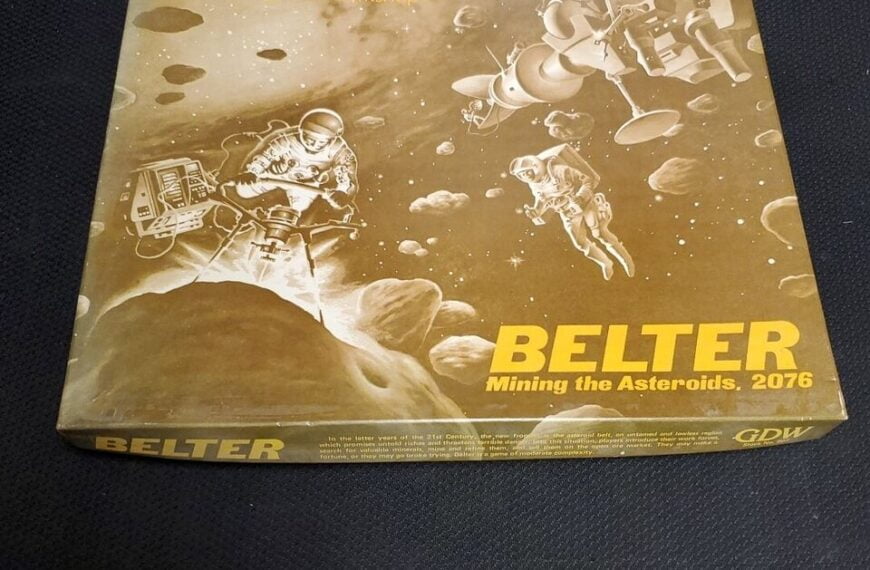 Alt text: A board game titled "BELTER Mining the Asteroids, 2076" by Game Designers' Workshop, featuring artwork of astronauts mining in space among asteroids.
