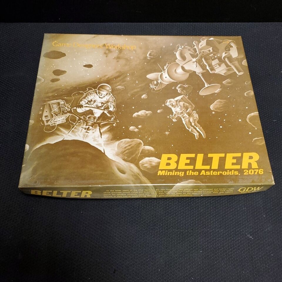 Alt text: A board game titled "BELTER Mining the Asteroids, 2076" by Game Designers' Workshop, featuring artwork of astronauts mining in space among asteroids.