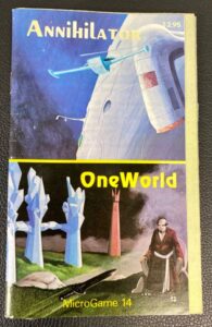 A worn tabletop game booklet titled "Annihilator / OneWorld MicroGame 14" with a price of $2.95. The top half shows a space scene with a blue fighter jet and a part of a large spaceship against a starry sky. The bottom half of the booklet depicts a fantastical landscape with large blue crystals, a red obelisk, a katana sword on the ground, and a person in a long robe standing beside the sword.