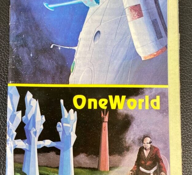 A worn tabletop game booklet titled "Annihilator / OneWorld MicroGame 14" with a price of $2.95. The top half shows a space scene with a blue fighter jet and a part of a large spaceship against a starry sky. The bottom half of the booklet depicts a fantastical landscape with large blue crystals, a red obelisk, a katana sword on the ground, and a person in a long robe standing beside the sword.