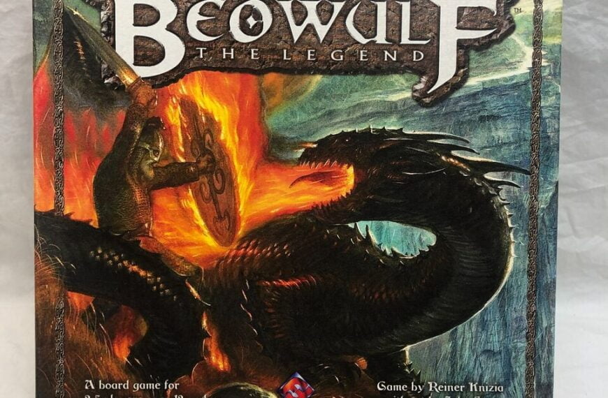 Alt text: A board game titled "Beowulf: The Legend" featuring artwork of a fierce dragon with Beowulf in combat, the text on the box says "A board game for 2-5 players ages 12 and up" and "Game by Reiner Knizia with art by John Howe".