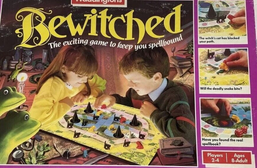 Alt text: "Vintage Waddingtons 'Bewitched' board game box cover featuring a young girl and boy engaging with the game, with images depicting gameplay scenarios on the right side. Text reads 'The exciting game to keep you spellbound,' and the box also shows player range '2-4' and recommended ages '8-Adult'."