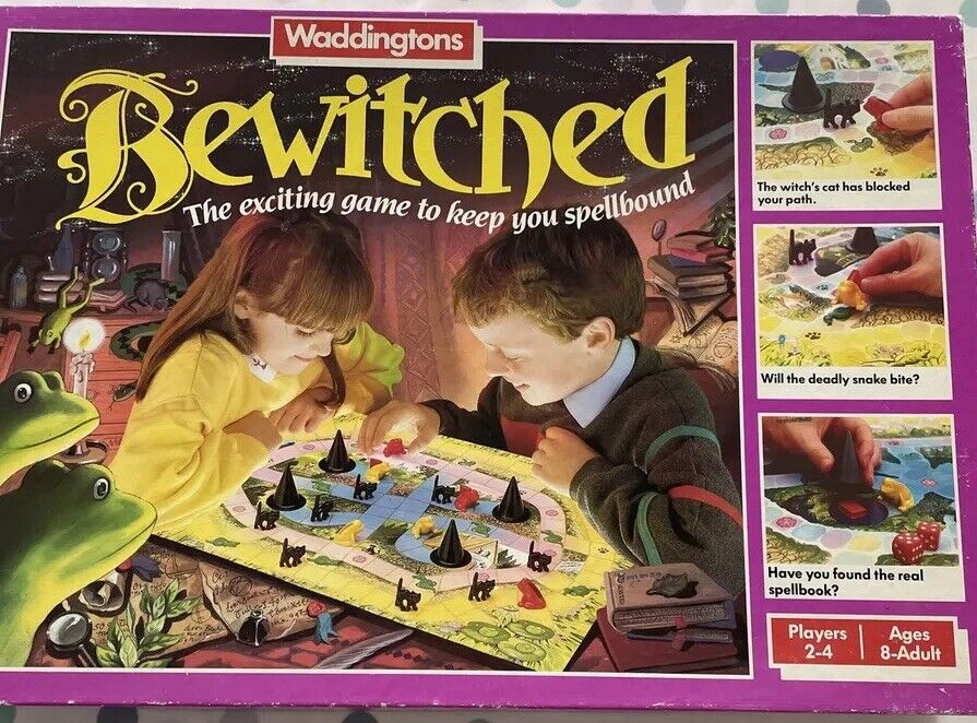 Alt text: "Vintage Waddingtons 'Bewitched' board game box cover featuring a young girl and boy engaging with the game, with images depicting gameplay scenarios on the right side. Text reads 'The exciting game to keep you spellbound,' and the box also shows player range '2-4' and recommended ages '8-Adult'."