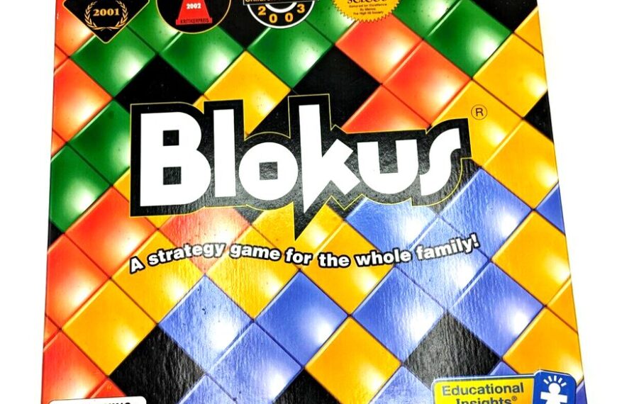 Box cover of the board game Blokus, featuring a colorful diamond pattern and multiple award badges, with the tagline "A strategy game for the whole family." Visible labels include a choking hazard warning and the Educational Insights brand logo.