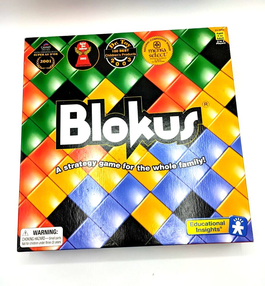 Box cover of the board game Blokus, featuring a colorful diamond pattern and multiple award badges, with the tagline "A strategy game for the whole family." Visible labels include a choking hazard warning and the Educational Insights brand logo.