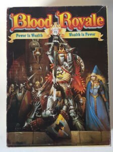 Board game cover art for "Blood Royale" featuring a stylized illustration of medieval characters, including a central armored king with a sword, flanked by troops and a sorceress, with the tagline "Power is Wealth, Wealth is Power".