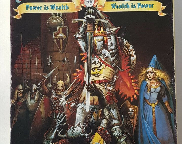 Board game cover art for "Blood Royale" featuring a stylized illustration of medieval characters, including a central armored king with a sword, flanked by troops and a sorceress, with the tagline "Power is Wealth, Wealth is Power".