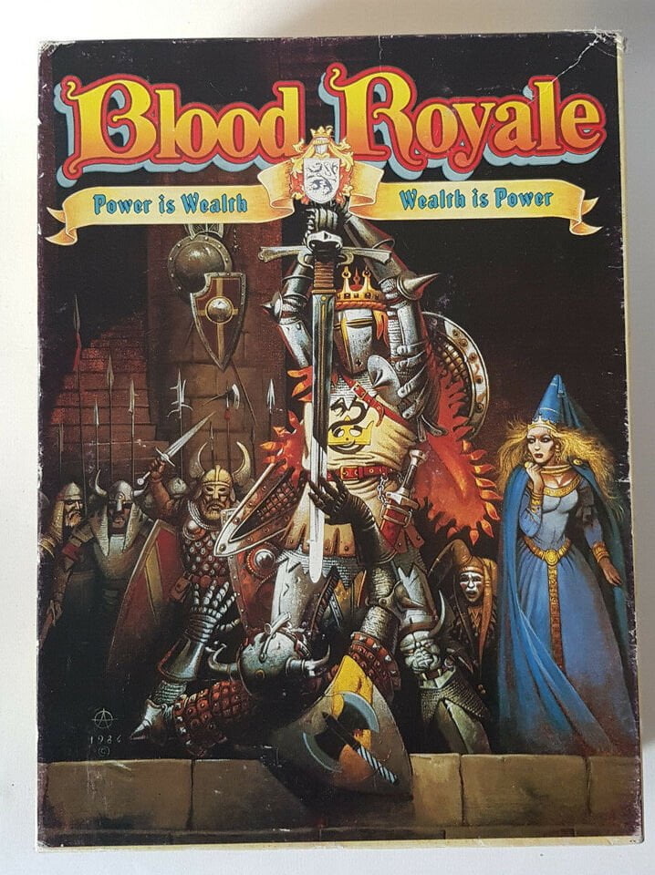 Board game cover art for "Blood Royale" featuring a stylized illustration of medieval characters, including a central armored king with a sword, flanked by troops and a sorceress, with the tagline "Power is Wealth, Wealth is Power".