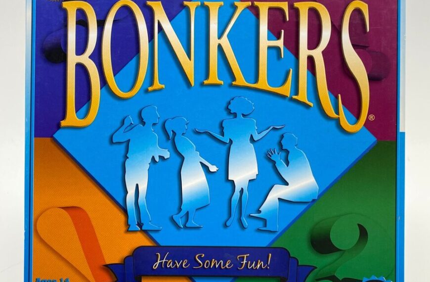 Board game "Bonkers!" cover featuring colorful background, silhouette figures dancing, and text including "Have Some Fun!", age recommendation, and player count, also displaying awards like "Gold Seal of Excellence" and "Major FUN Award".