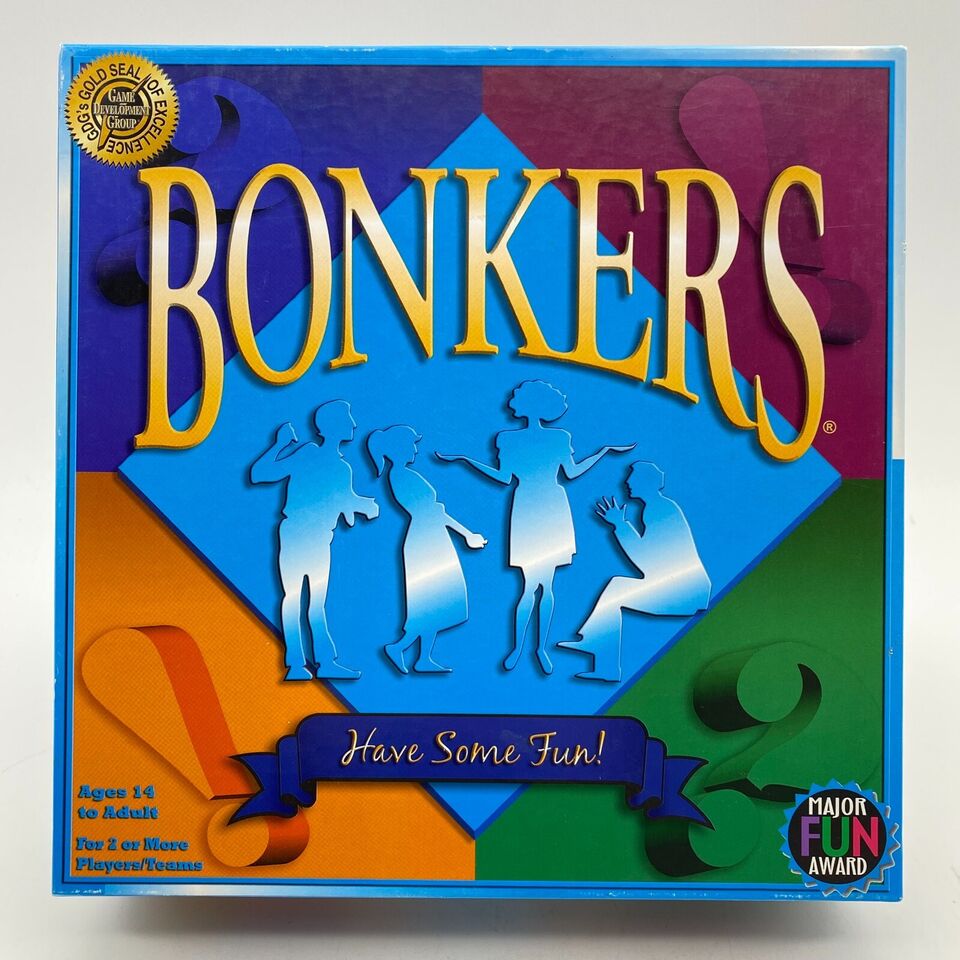Board game "Bonkers!" cover featuring colorful background, silhouette figures dancing, and text including "Have Some Fun!", age recommendation, and player count, also displaying awards like "Gold Seal of Excellence" and "Major FUN Award".