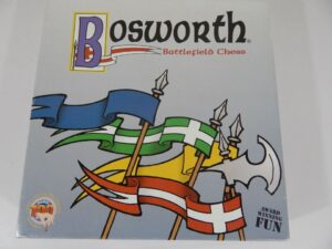 Alt text: The image shows a board game box titled "Bosworth Battlefield Chess" featuring colorful medieval banners and spears, with a badge on the bottom left corner indicating it is a "Games Magazine Award Winner."