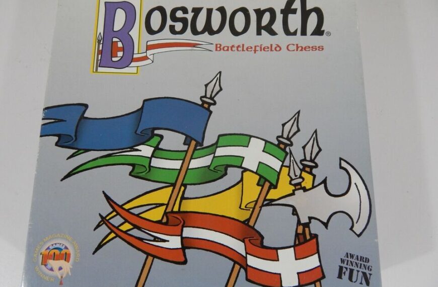 Alt text: The image shows a board game box titled "Bosworth Battlefield Chess" featuring colorful medieval banners and spears, with a badge on the bottom left corner indicating it is a "Games Magazine Award Winner."