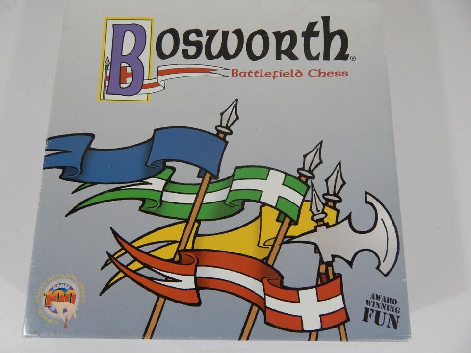 Alt text: The image shows a board game box titled "Bosworth Battlefield Chess" featuring colorful medieval banners and spears, with a badge on the bottom left corner indicating it is a "Games Magazine Award Winner."