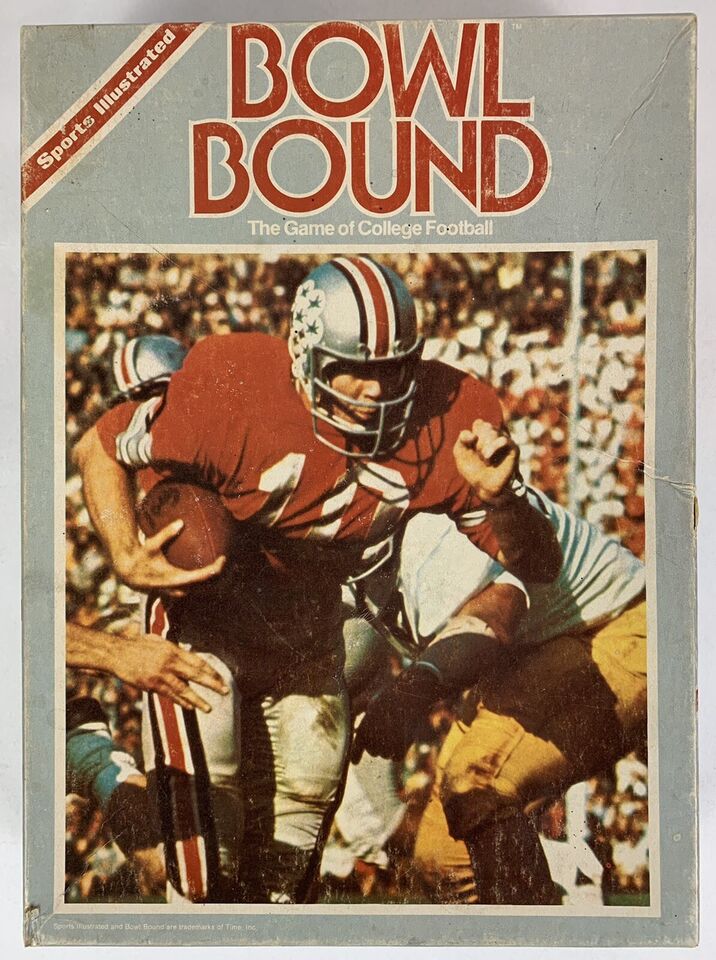 A vintage board game cover titled "BOWL BOUND" featuring an image of a college football player in a red jersey and white helmet with star decals, carrying the football while being tackled by an opponent. The background is a crowded stadium, and the game is branded as "The Game of College Football" with the "Sports Illustrated" logo at the top left.