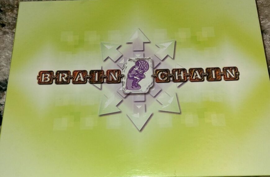 An image of an object with a green and yellow gradient background featuring the embossed text "BRAIN CHAIN" in a stylized font with a central emblem of a brain within a hexagonal outline.
