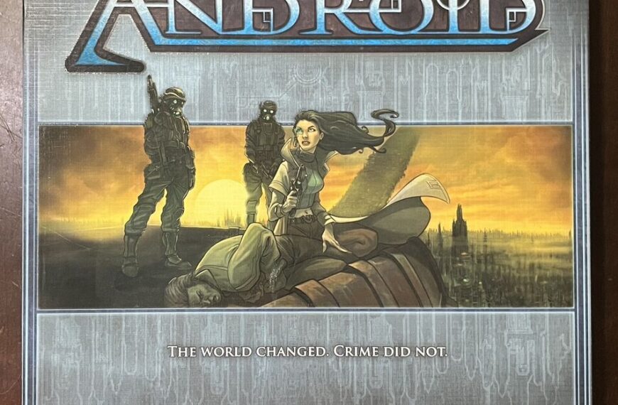 This image shows the box cover of the board game "Android," featuring a futuristic cityscape at sunset. In the foreground, there is a woman with a gun crouched on a rounded surface, with two armored soldiers behind her. The game's title "ANDROID" is prominently displayed at the top. Below the artwork, a tagline reads "The world changed. Crime did not." Further information includes "Game Design by Kevin Wilson & Dan Clark" and "A BOARD GAME OF MURDER AND CONSPIRACY IN A DYSTOPIAN FUTURE FOR 3 - 5 Players".