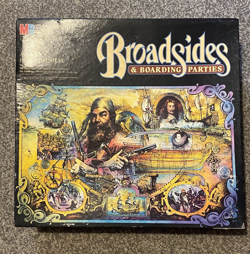 A board game box for "Broadsides & Boarding Parties" featuring colorful artwork with maritime themes, including a bearded pirate holding a flintlock pistol, sailing ships engaged in battle, and decorative swirls.