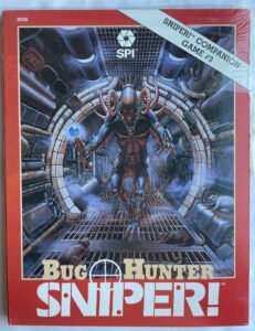 Box cover for "Bug Hunter SNIPER!" board game from SPI showing a futuristic warrior in an armored suit with tentacle-like appendages in a mechanical corridor, with rats on the floor and the text "SNIPER™ COMPANION GAME #3" across the top.
