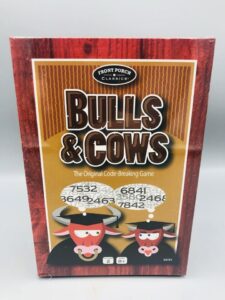 A boxed board game titled "Bulls & Cows" by Front Porch Classics featuring cartoon images of a bull and a cow with code-breaking numbers above them. The box indicates it is the original code-breaking game, suitable for 2 players aged 8 and up.