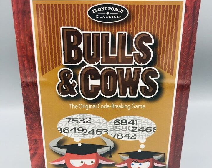 A boxed board game titled "Bulls & Cows" by Front Porch Classics featuring cartoon images of a bull and a cow with code-breaking numbers above them. The box indicates it is the original code-breaking game, suitable for 2 players aged 8 and up.