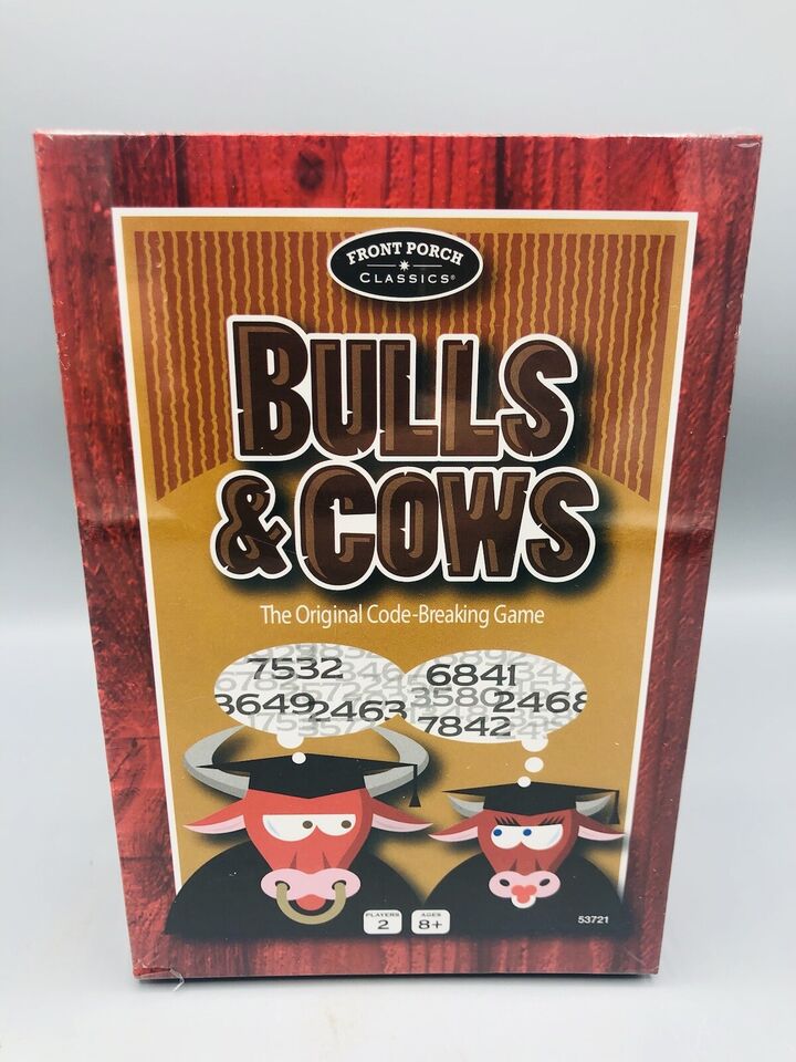 A boxed board game titled "Bulls & Cows" by Front Porch Classics featuring cartoon images of a bull and a cow with code-breaking numbers above them. The box indicates it is the original code-breaking game, suitable for 2 players aged 8 and up.