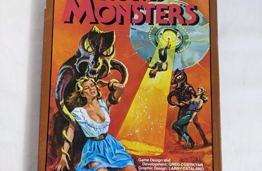 Vintage board game cover titled "Greg Costikyan's Bug-Eyed Monsters" featuring illustrated alien creatures, a distressed woman, and a space background with text "They Want Our Women!" at the bottom.
