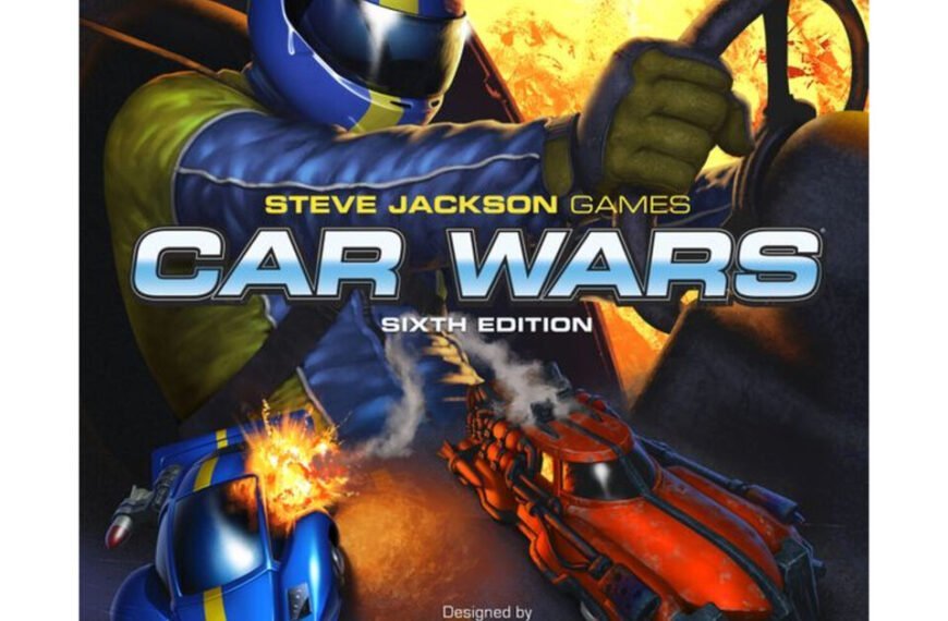 Box cover art for "Car Wars Sixth Edition" by Steve Jackson Games, featuring a stylized armored driver holding a steering wheel with two battling cars, one blue and one red, with flames and sparks indicating a crash or combat.