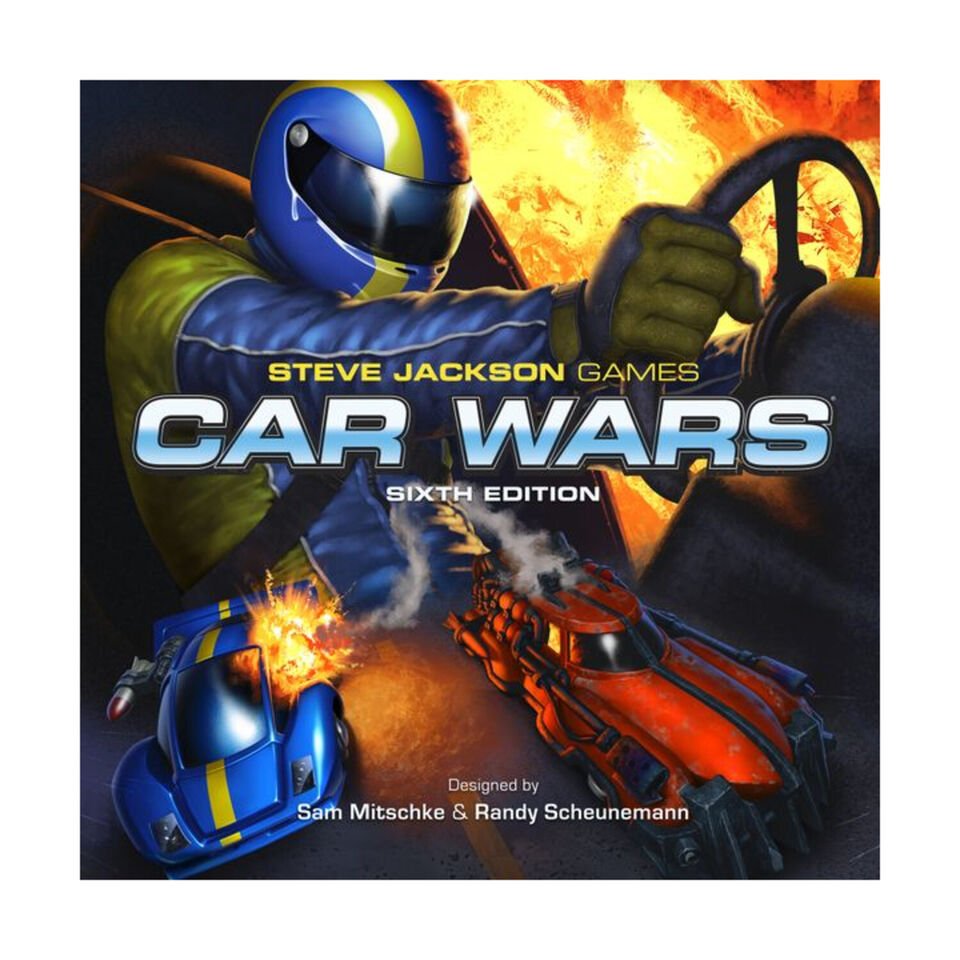 Box cover art for "Car Wars Sixth Edition" by Steve Jackson Games, featuring a stylized armored driver holding a steering wheel with two battling cars, one blue and one red, with flames and sparks indicating a crash or combat.