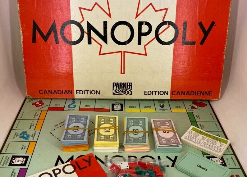 Vintage Canadian edition Monopoly board game laid out with box, money, cards, and plastic houses and hotels.